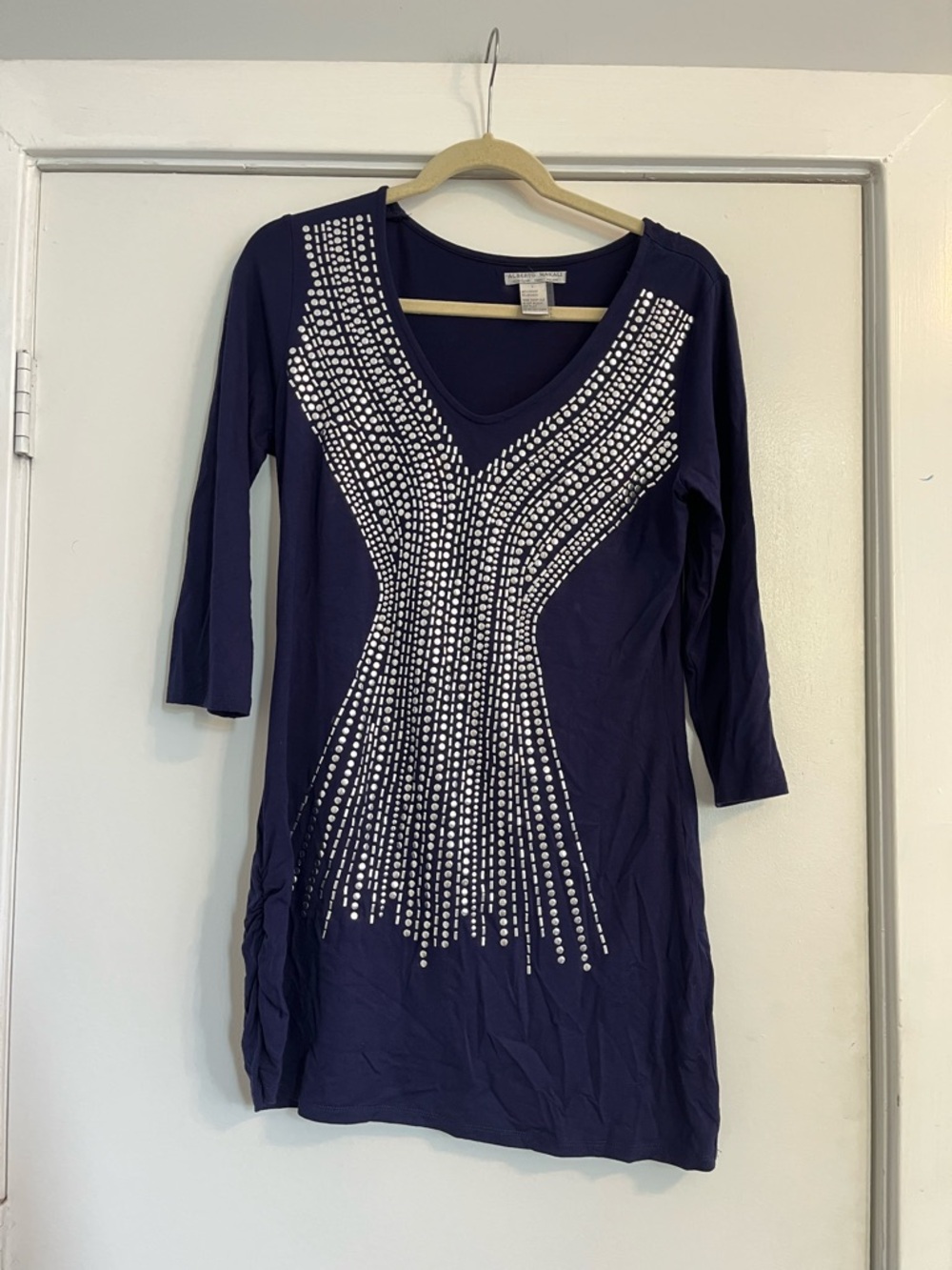 Alberto Makali Navy mini dress mirror sequin decals long sleeve ruched large